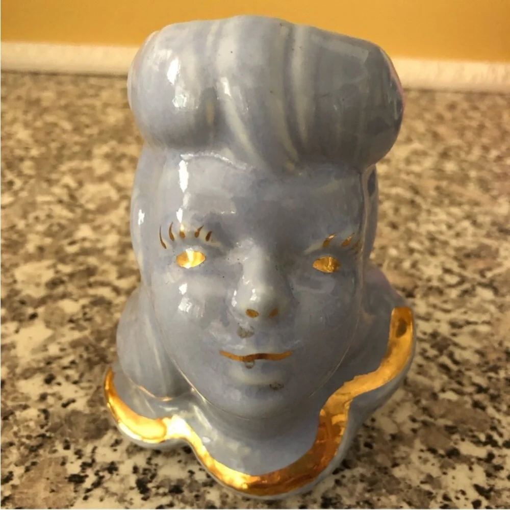 Vase glamour girl head planter lady blue gold ceramic pastel Vintage 1950s - Picture 3 of 8